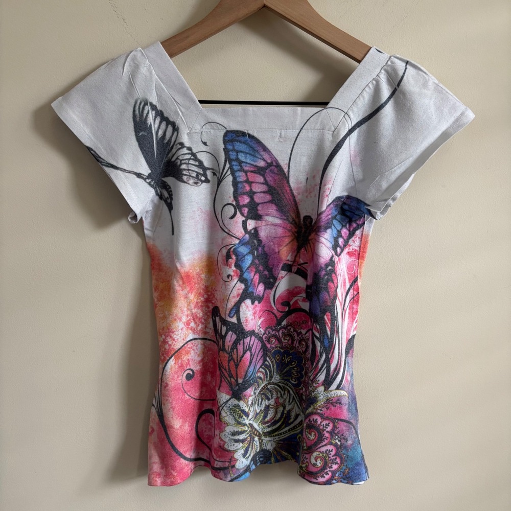 Xhilaration Butterfly Paisley Graphic Top Square Neck Slash Back Pink Blue M